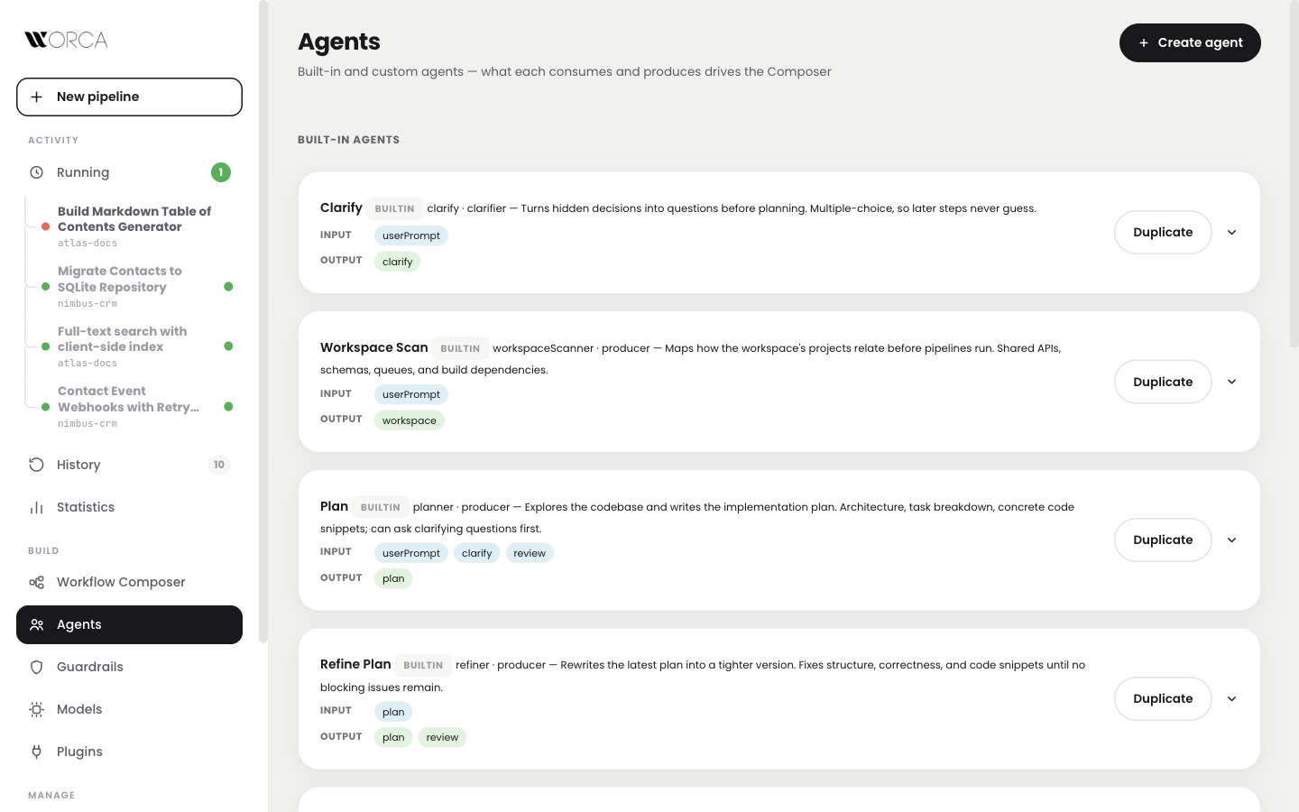 Agents view: data-driven agents with per-agent model and effort