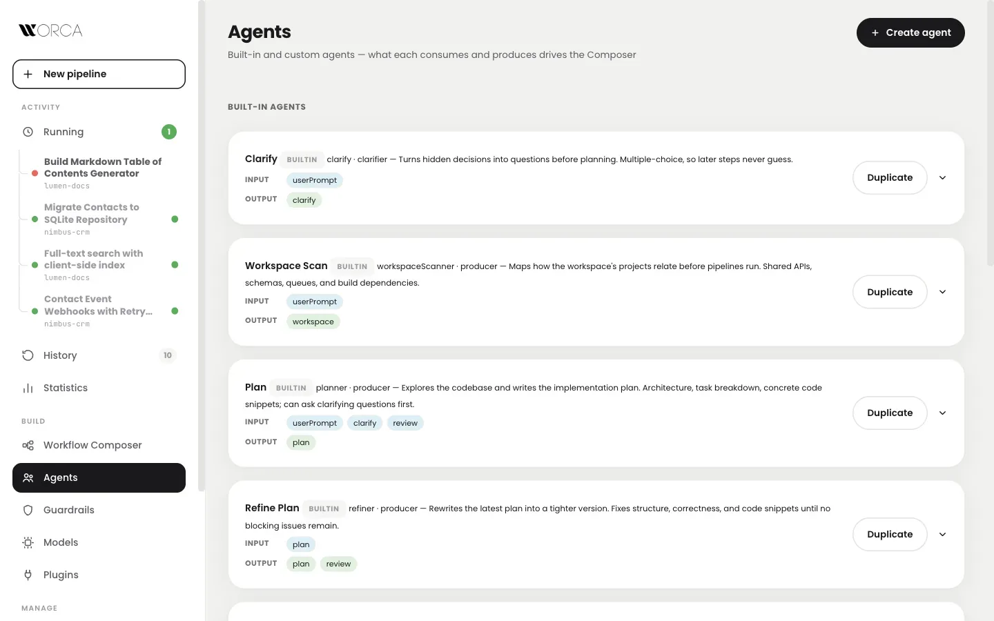 Agents view: data-driven agents with per-agent model and effort