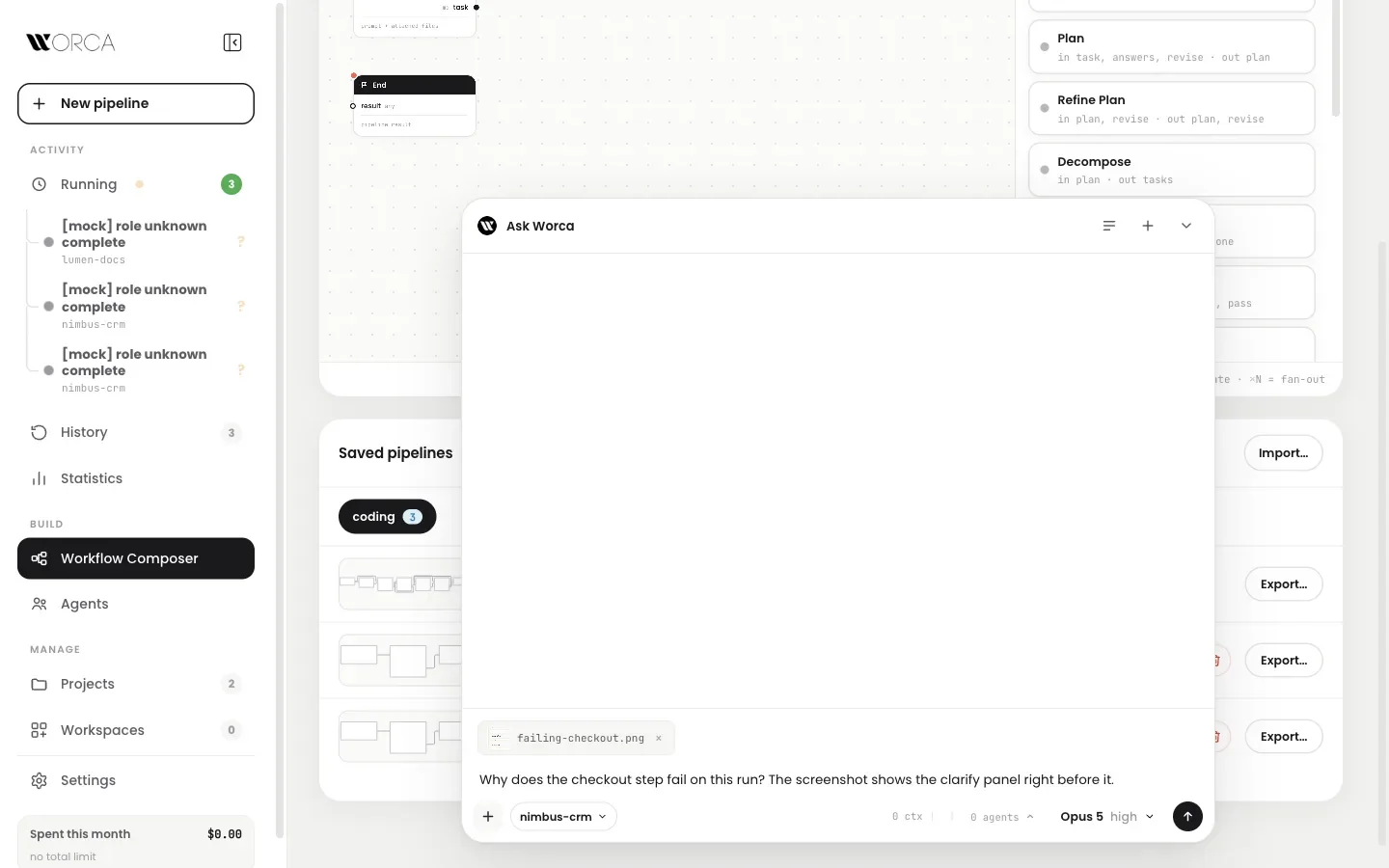Ask Worca composer — a PNG attachment chip, the chat pinned to nimbus-crm, and the question