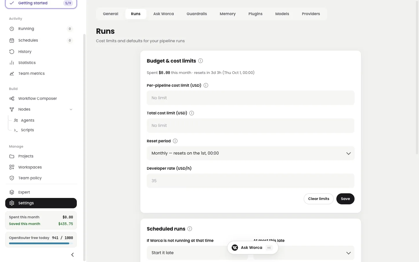 Settings, Runs tab — Budget and cost limits