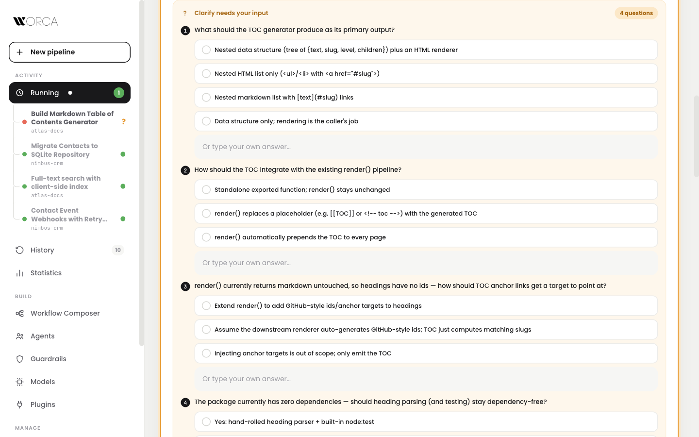 Clarify questions with multiple-choice options before any code is written