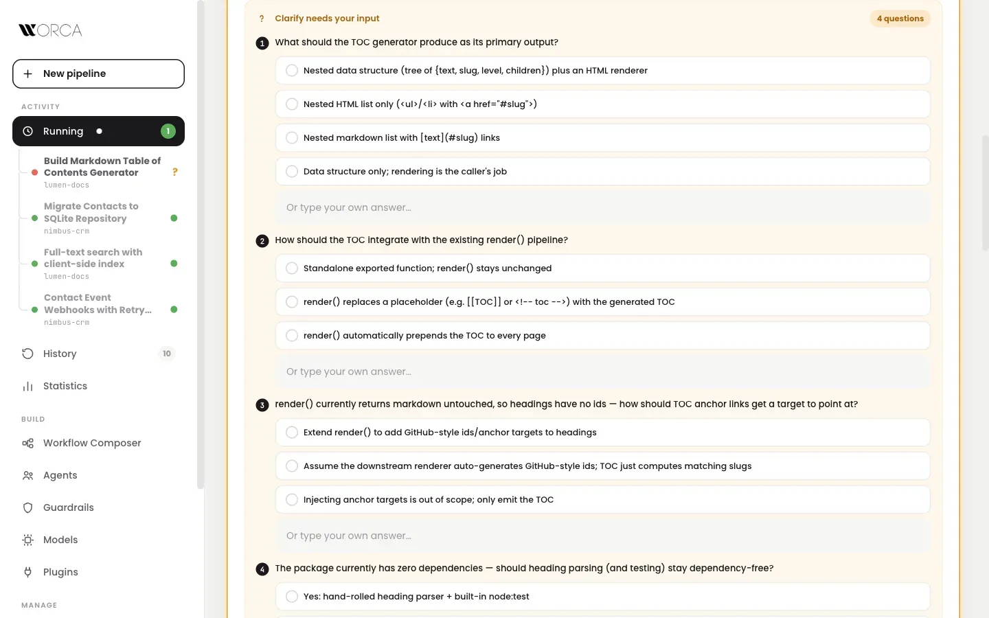 Clarify questions with multiple-choice options before any code is written