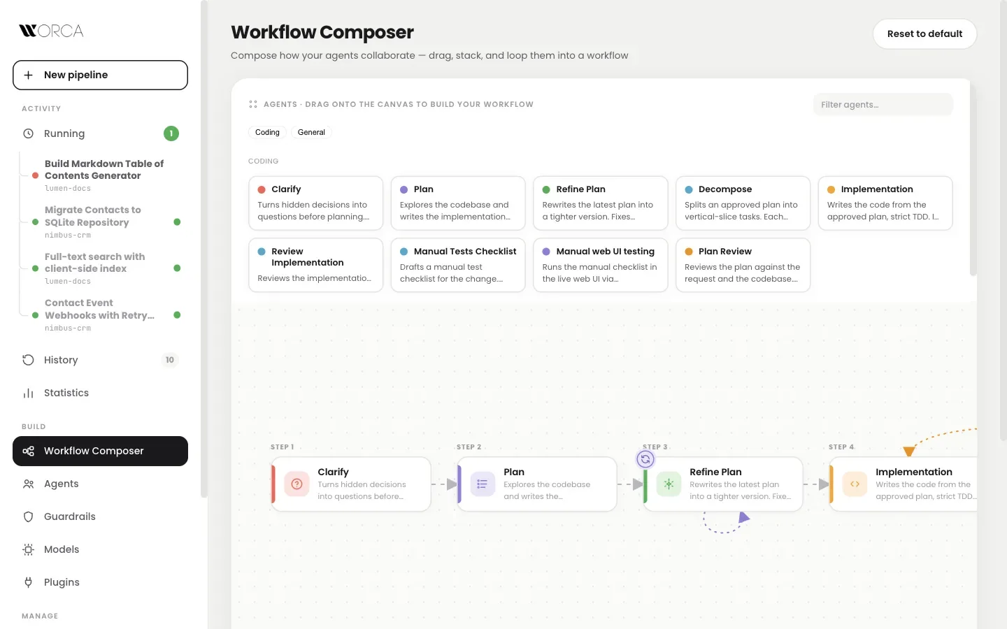 Workflow Composer: drag agents into steps, groups, and feedback loops