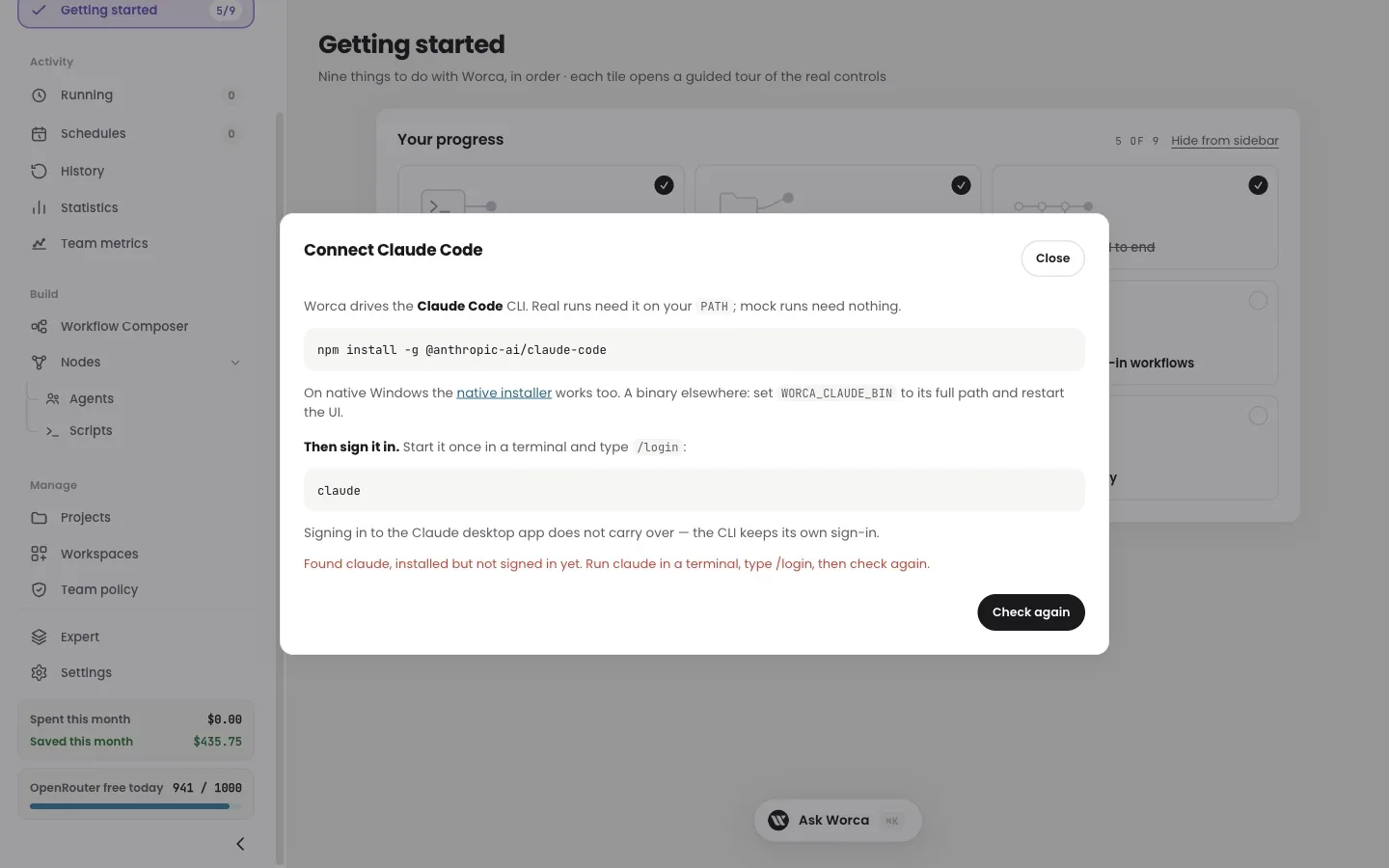 Connect Claude Code dialog — a sign-in step and a status line: installed but not signed in yet