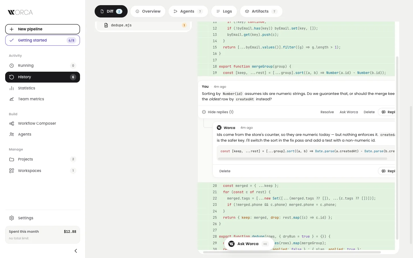 Diff tab — a thread under line 19 of dedupe.mjs: your question, then Worca's reply with a code block