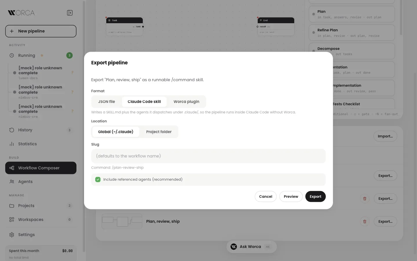 Composer — Export pipeline dialog with the Claude Code skill format selected