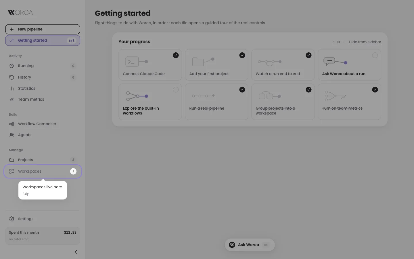 Getting started — six of eight tiles done; the guide for grouping projects into a workspace rings the Workspaces entry in the sidebar