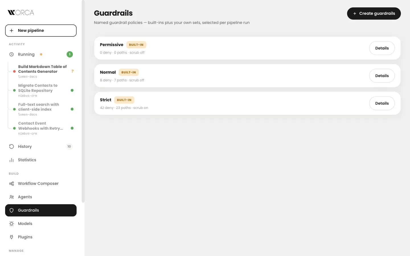 Guardrails: named policy sets with Permissive, Normal, and Strict tiers