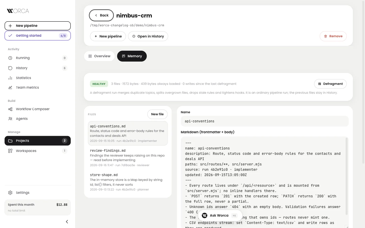 Project detail — Memory tab: health line, three files with their source run, and api-conventions.md open in the editor