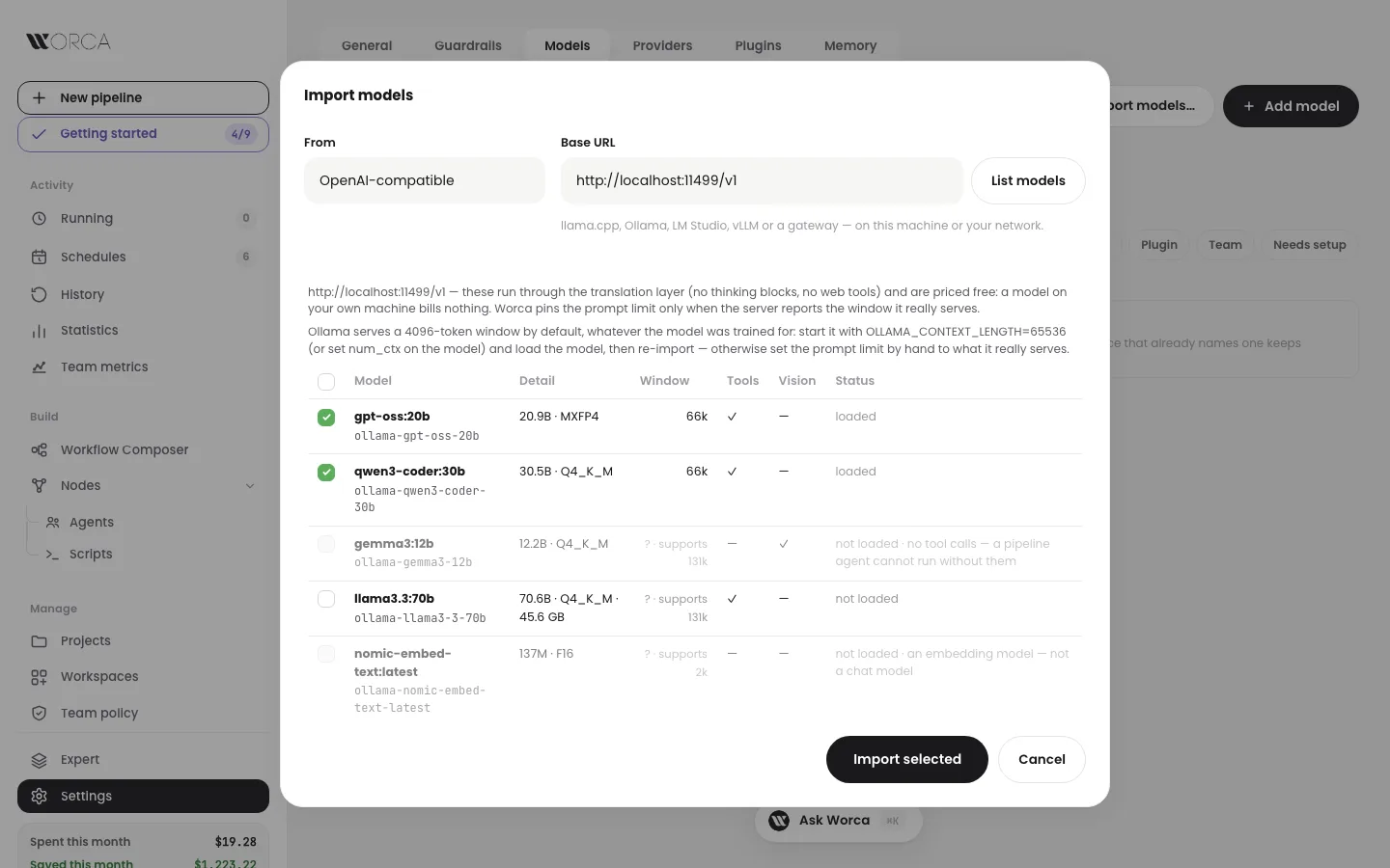 Import models dialog — models listed from a local Ollama server with their window, tools, vision and status