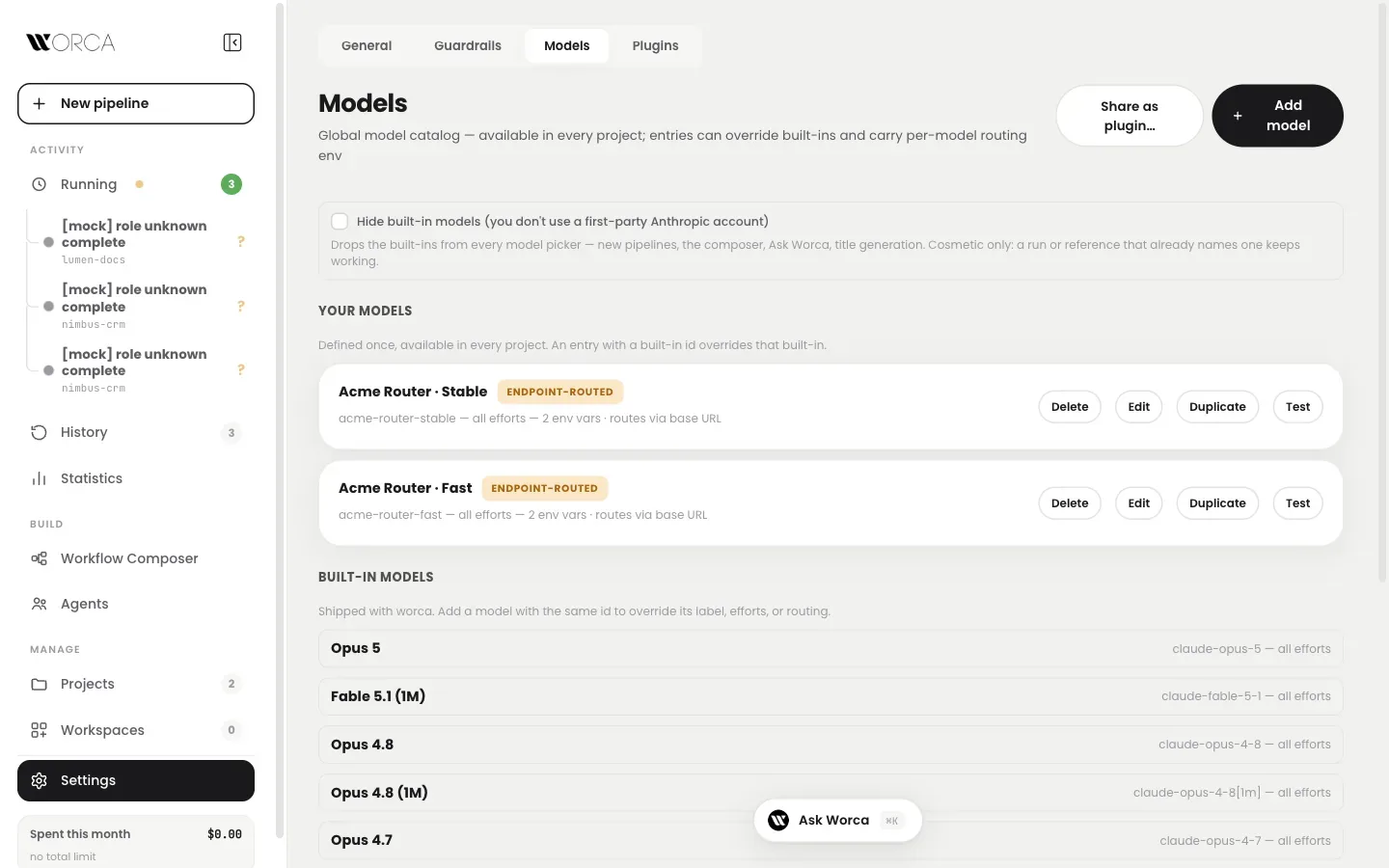 Models view — hide built-ins toggle, two endpoint-routed catalog entries, built-in list