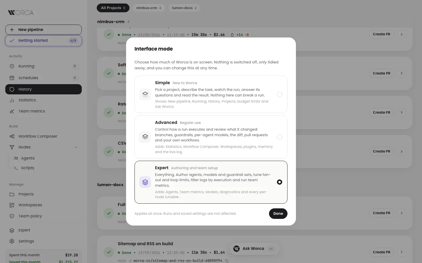 Interface mode dialog — Simple, Advanced and Expert, each described