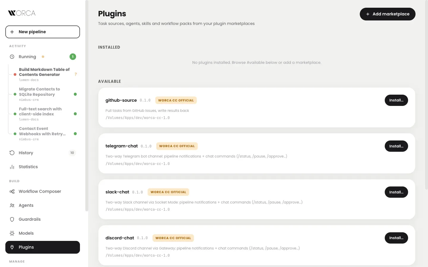 Plugins view with installed plugins and marketplaces