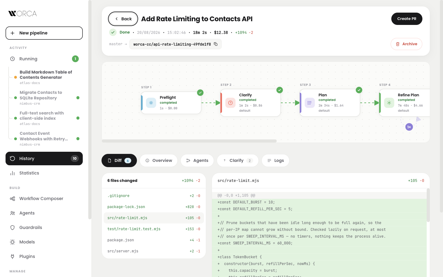 Run detail: diff per file, per-step costs, and one-click PR