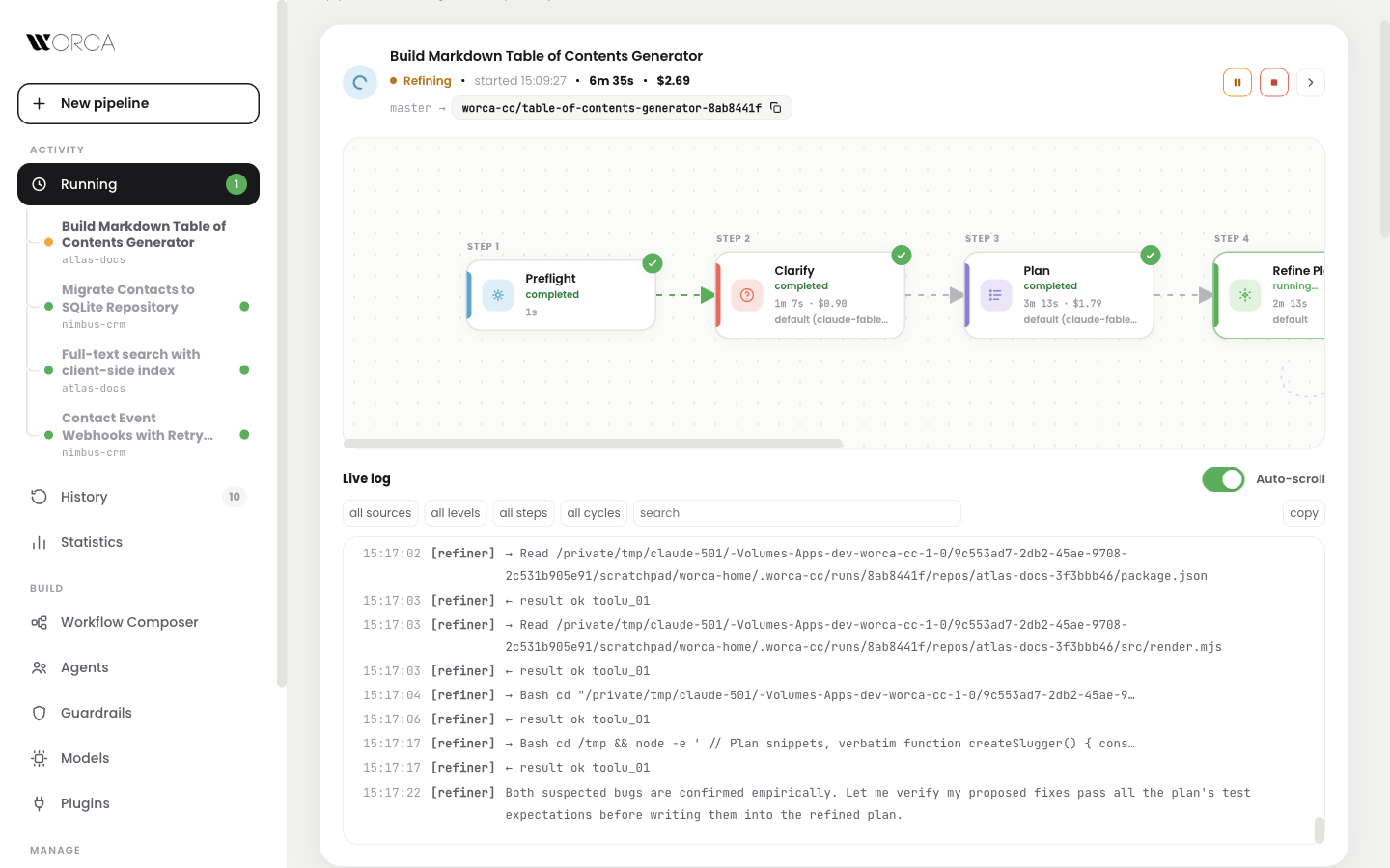 Worca live cockpit: flow graph of a running pipeline with streaming log