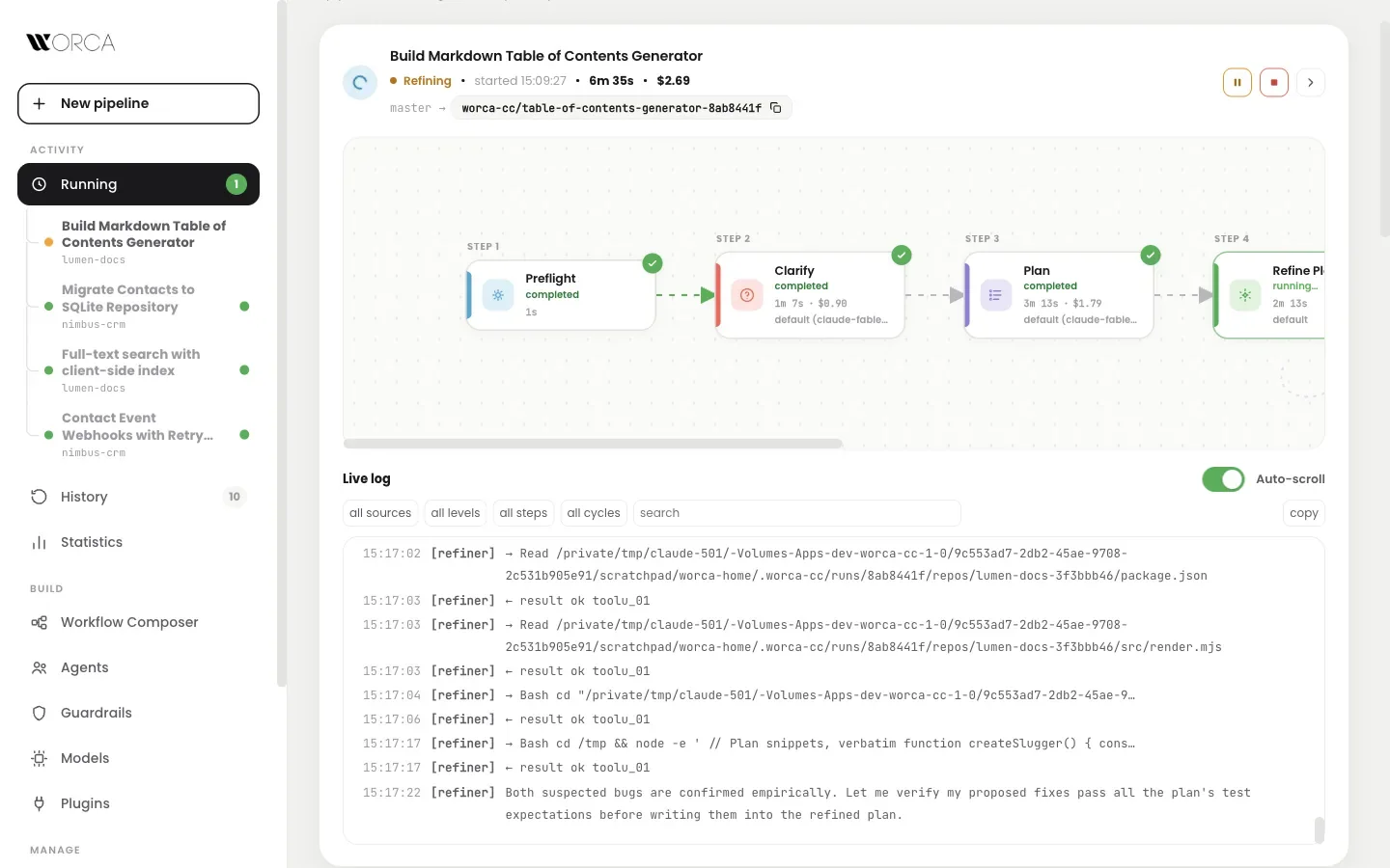 Worca live cockpit: flow graph of a running pipeline with streaming log