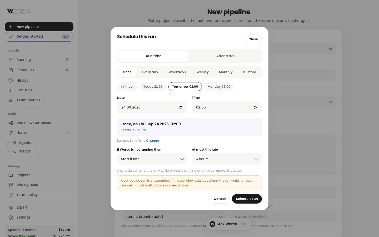 New pipeline — the Schedule this run sheet with once and repeating choices, quick picks and a start-time preview