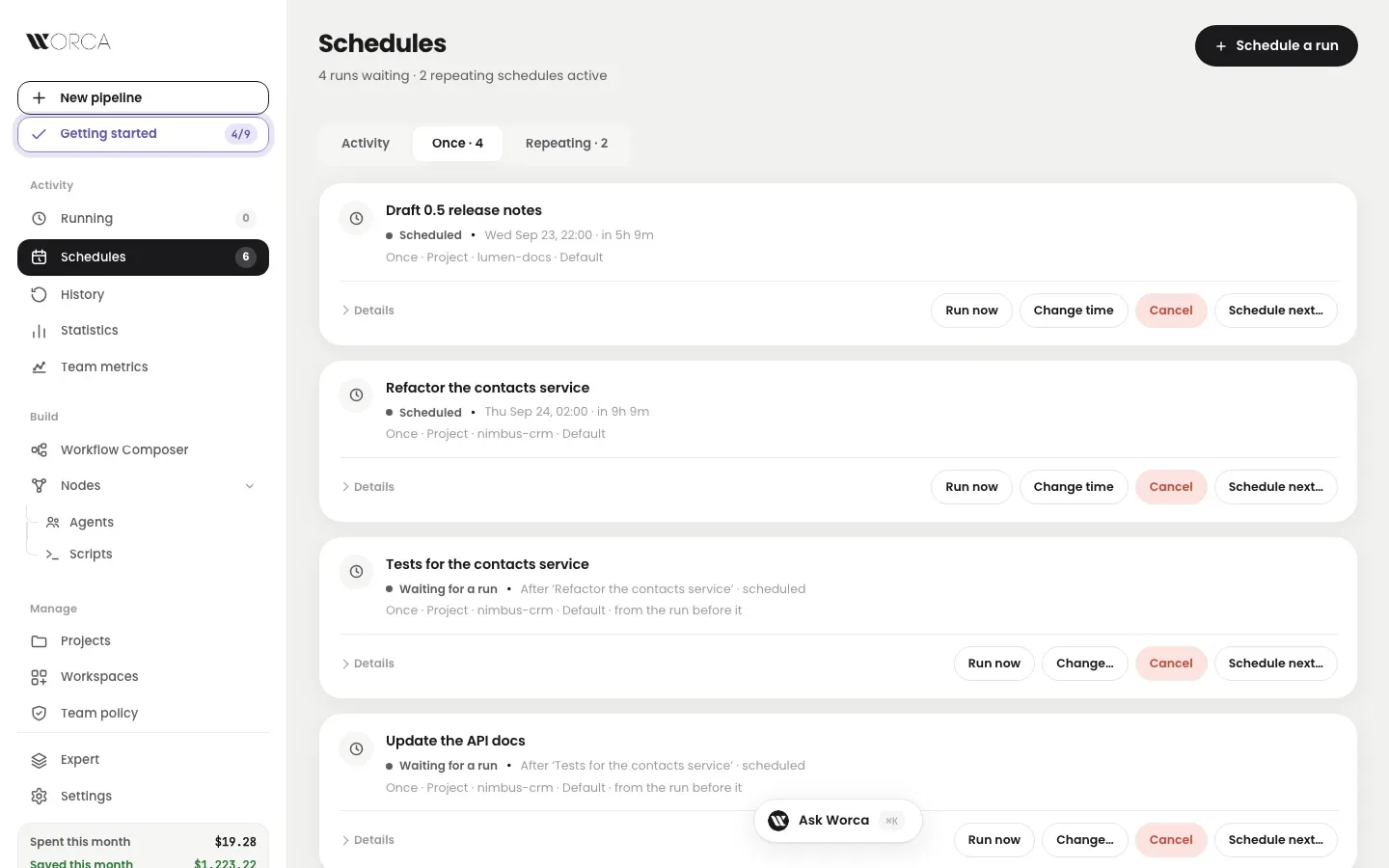 Schedules view — two timed runs and a chain of two runs waiting for the one before