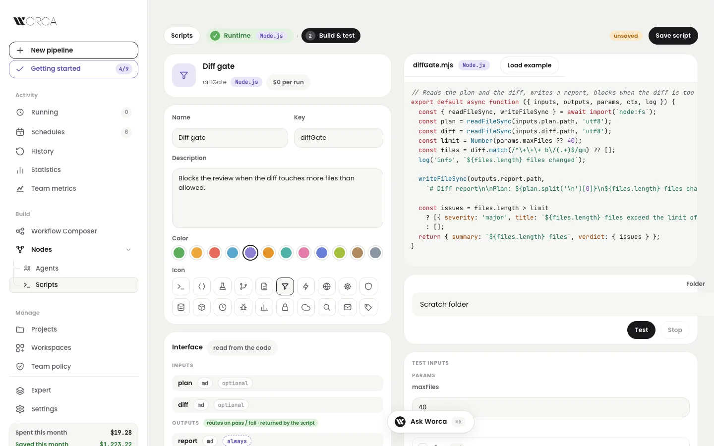 New script — Diff gate: name and icon, inputs and outputs read from the code, the editor and the test bench