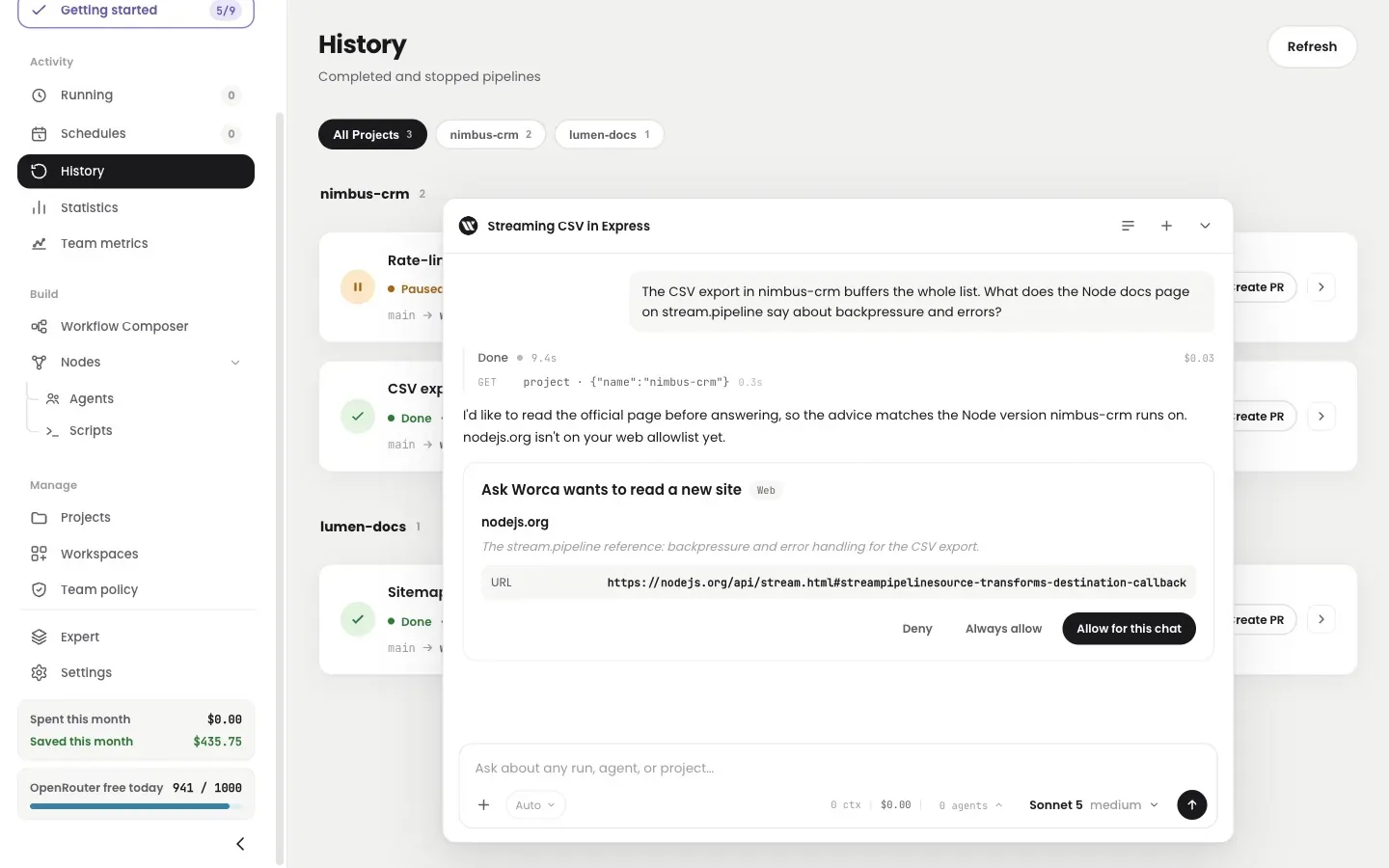 Ask Worca chat — a card asking to read nodejs.org, with the exact URL and Deny, Always allow and Allow for this chat