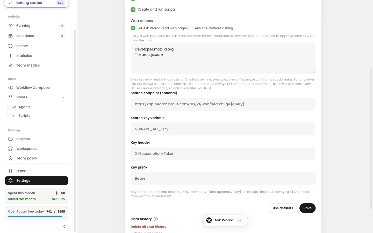 Settings, Ask Worca tab — Web access switched on, with two allowed sites