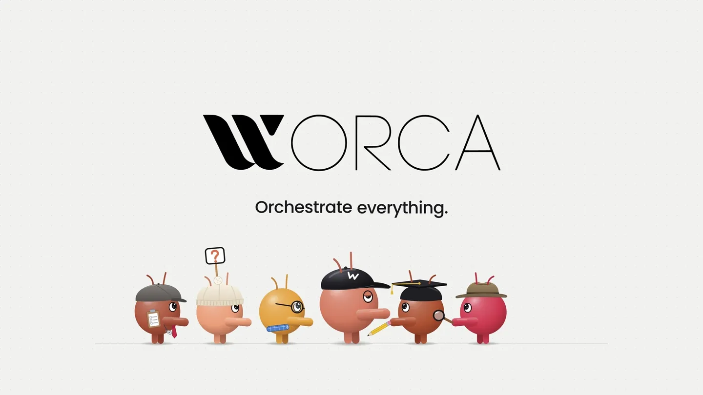 Title card of the Worca film: the Worca wordmark, “Orchestrate everything.” and the six agent characters