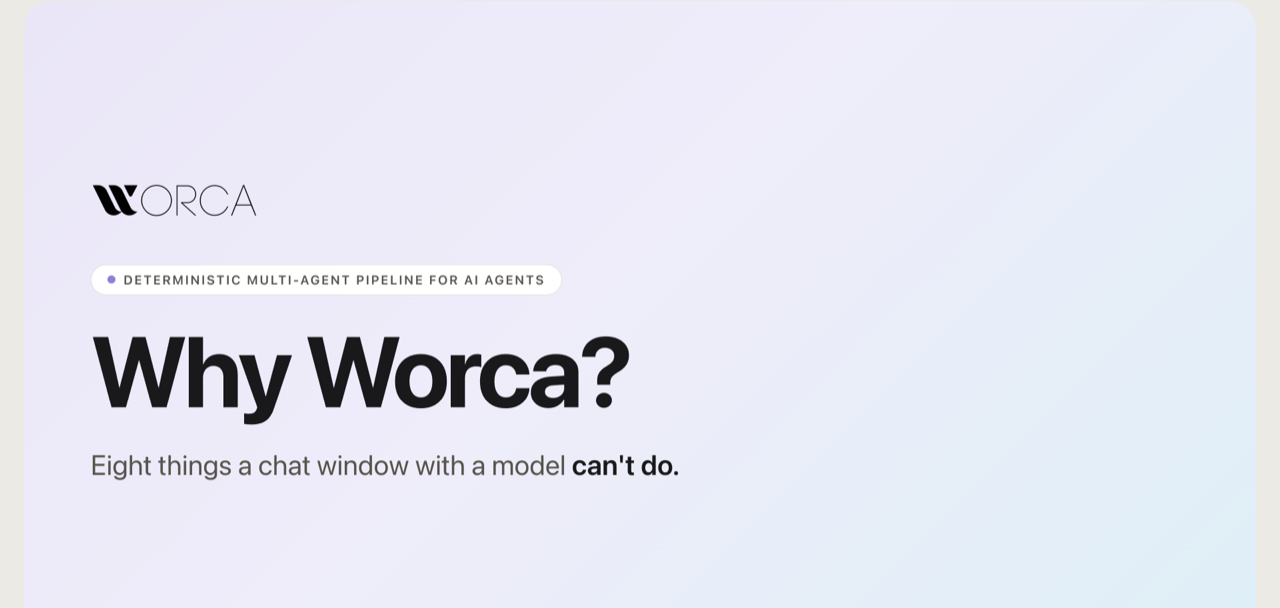 Title slide of the Why Worca deck: eight things a chat window with a model can't do